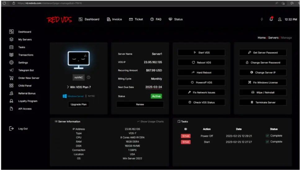 Πίνακας εργαλείων χρήστη του RedVDS (Πηγή - Microsoft)